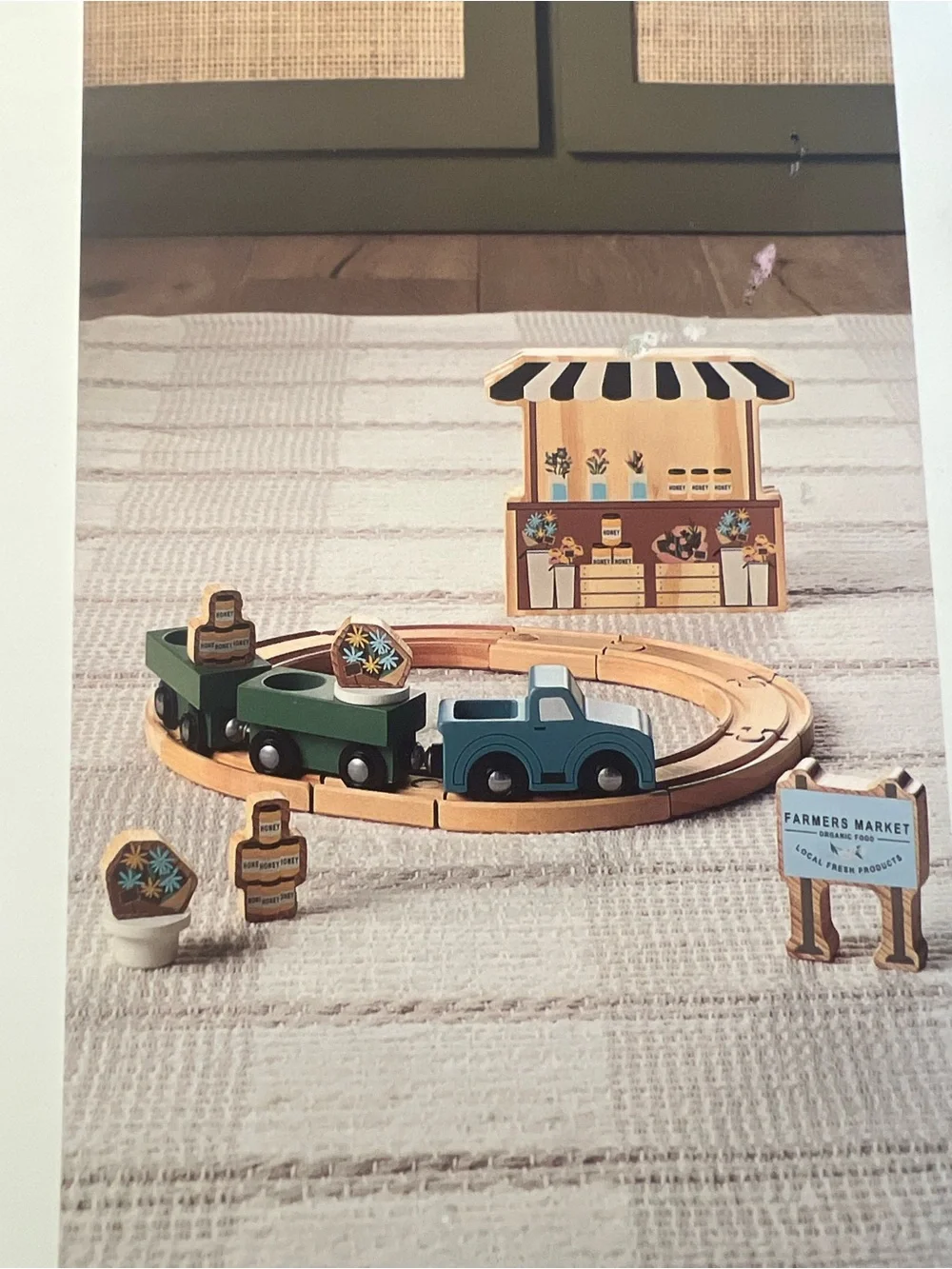 Hearth & Hand Blue and Green Wooden Train Accessory Set with Market Stall